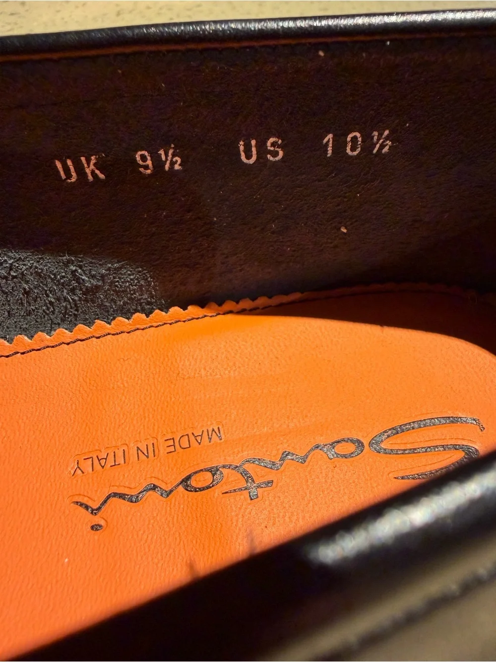 Santoni Men’s Black Leather Loafers Made in Italy Orange Leather Lining /sole